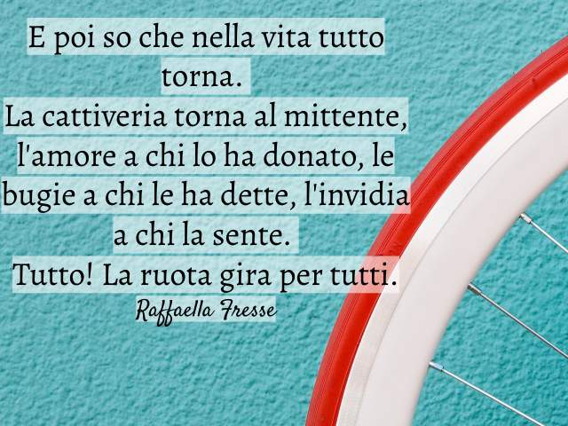 E poi so che nella vita tutto torna. La cattiveria torna al mittente, l'amore a chi lo ha donato, le bugie a chi le ha dette, l'invidia a chi la sente. Tutto! La ruota gira per tutti. (Raffaella Fresse)