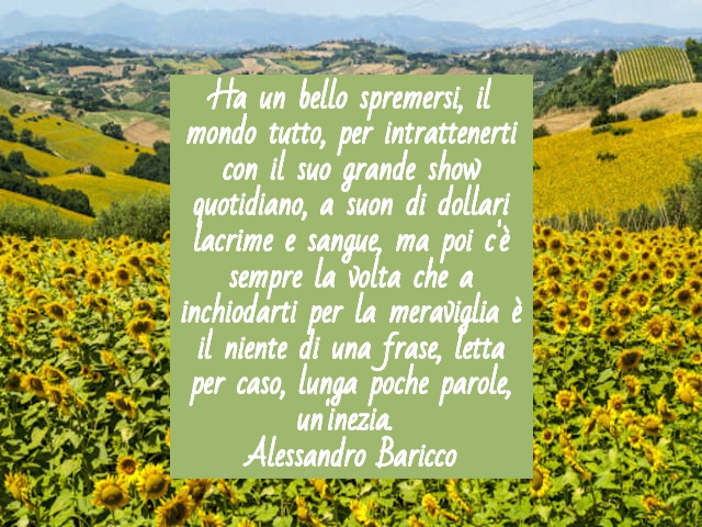 Ha un bello spremersi, il mondo tutto, per intrattenerti con il suo grande show quotidiano, a suon di dollari lacrime e sangue, ma poi c'è sempre la volta che a inchiodarti per la meraviglia è il niente di una frase, letta per caso, lunga poche parole, un