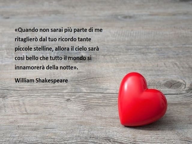 "Quando non sarai più parte di me ritaglierò dal tuo ricordo tante piccole stelline, allora il cielo sarà così bello che tutto il mondo si innamorerà della notte".(William Shakespeare)