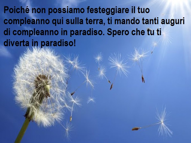Poiché non possiamo festeggiare il tuo compleanno qui sulla terra, ti mando tanti auguri di compleanno in paradiso. Spero che tu ti diverta in paradiso!
