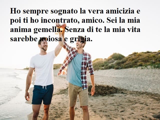 Ho sempre sognato la vera amicizia e poi ti ho incontrato, amico. Sei la mia anima gemella. Senza di te la mia vita sarebbe noiosa e grigia.