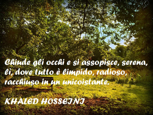 Chiude gli occhi e si assopisce, serena, lì, dove tutto è limpido, radioso, racchiuso in un unico istante. (Khaled Hosseini)