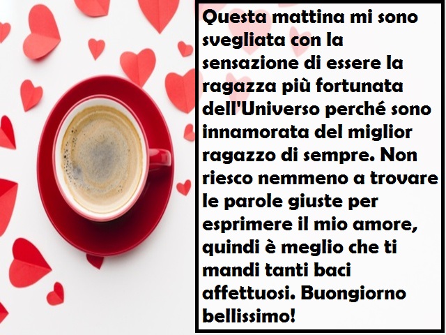 Questa mattina mi sono svegliata con la sensazione di essere la ragazza più fortunata dell'Universo perché sono innamorata del miglior ragazzo di sempre. Non riesco nemmeno a trovare le parole giuste per esprimere il mio amore, quindi è meglio che ti mand
