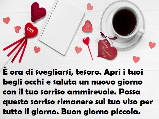 È ora di svegliarsi, tesoro. Apri i tuoi begli occhi e saluta un nuovo giorno con il tuo sorriso ammirevole. Possa questo sorriso rimanere sul tuo viso per tutto il giorno. Buon giorno piccola.