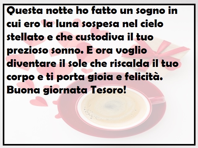Questa notte ho fatto un sogno in cui ero la luna sospesa nel cielo stellato e che custodiva il tuo prezioso sonno. E ora voglio diventare il sole che riscalda il tuo corpo e ti porta gioia e felicità. Buona giornata Tesoro!