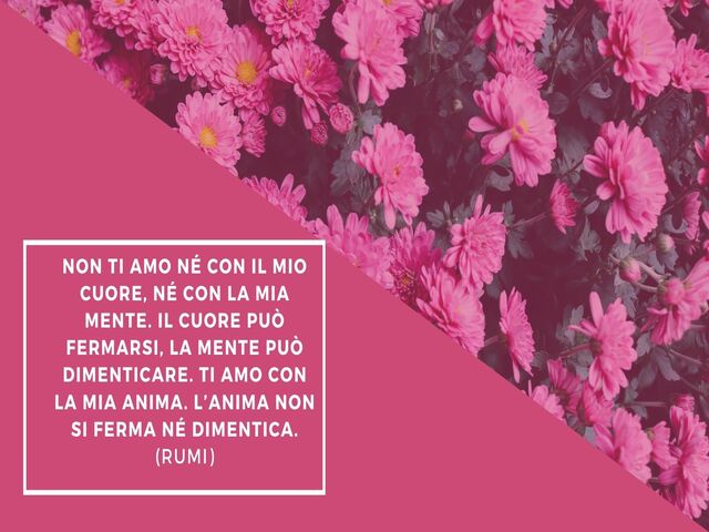 Non ti amo né con il mio cuore, né con la mia mente. Il cuore può fermarsi, la mente può dimenticare. Ti amo con la mia anima. L’anima non si ferma né dimentica.(Rumi)