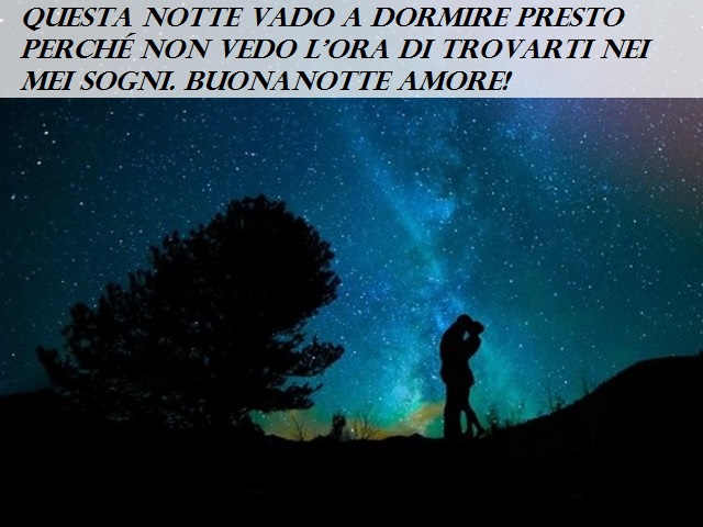 Questa notte vado a dormire presto perché non vedo l’ora di trovarti nei mei sogni. Buonanotte amore!