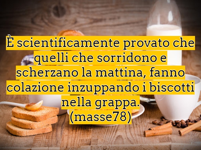 È scientificamente provato che quelli che sorridono e scherzano la mattina, fanno colazione inzuppando i biscotti nella grappa.(masse78)