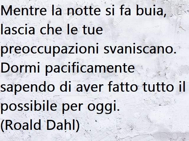 Mentre la notte si fa buia, lascia che le tue preoccupazioni svaniscano. Dormi pacificamente sapendo di aver fatto tutto il possibile per oggi.(Roald Dahl)