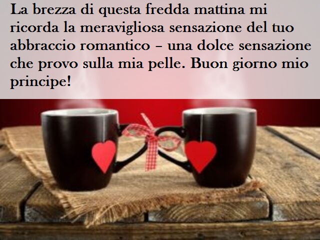 La brezza di questa fredda mattina mi ricorda la meravigliosa sensazione del tuo abbraccio romantico – una dolce sensazione che provo sulla mia pelle. Buon giorno mio principe!