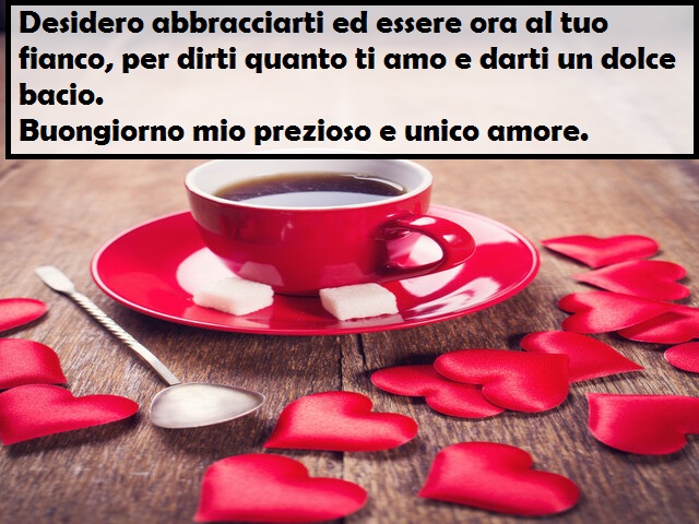 Desidero abbracciarti ed essere ora al tuo fianco, per dirti quanto ti amo e darti un dolce bacio. Buongiorno mio prezioso e unico amore.