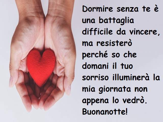 Dormire senza di te è una battagli difficile da vincere., ma resisterò perché so che domani il tuo sorriso illuminerà la mia giornata non appena lo vedrò. Buonanotte!