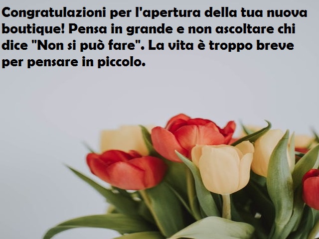 Congratulazioni per l'apertura della tua nuova boutique! Pensa in grande e non ascoltare chi dice "Non si può fare". La vita è troppo breve per pensare in piccolo.