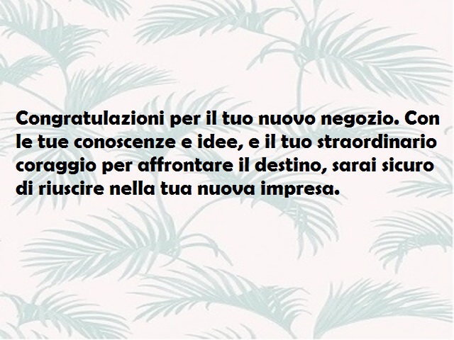 Congratulazioni per il tuo nuovo negozio. Con le tue conoscenze e idee, e il tuo straordinario coraggio per affrontare il destino, sarai sicuro di riuscire nella tua nuova impresa.