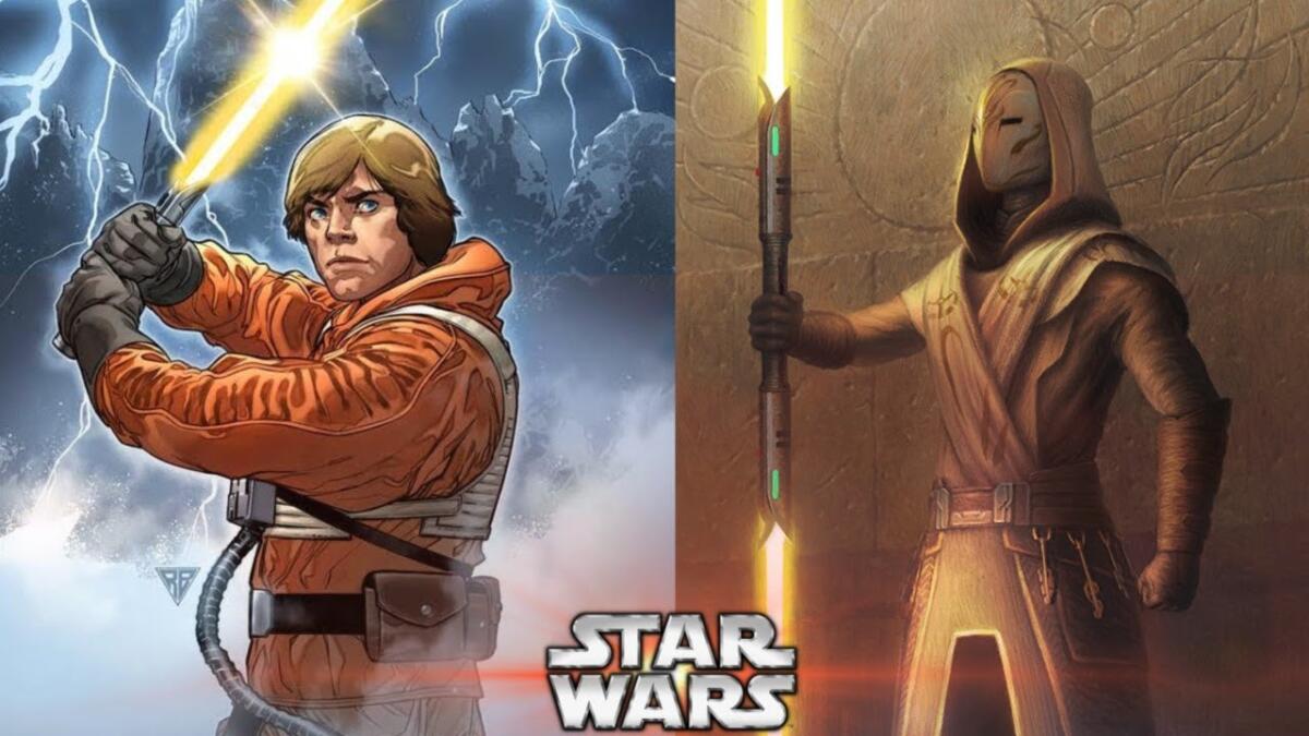Luke ha posseduto un'altra spada laser prima di quella verde in Episodio VI: ecco quale - Luke Skywalker e un guardiano del tempio jedi