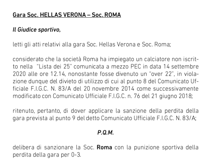 La motivazione, riguardo la decisione, del Giudice Sportivo - crediti foto: comunicato Giudice Sportivo, sito Lega Serie A