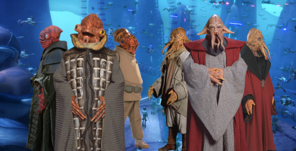 A sinistra i Mon Calamari e a destra i Quarren