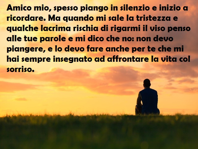 Amico mio, spesso piango in silenzio e inizio a ricordare. Ma quando mi sale la tristezza e qualche lacrima rischia di rigarmi il viso penso alle tue parole e mi dico che no: non devo piangere, e lo devo fare anche per te che mi hai sempre insegnato ad af