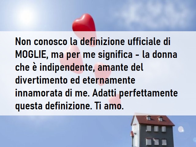 Non conosco la definizione ufficiale di MOGLIE, ma per me significa - la donna che è indipendente, amante del divertimento ed eternamente innamorata di me. Adatti perfettamente questa definizione. Ti amo.