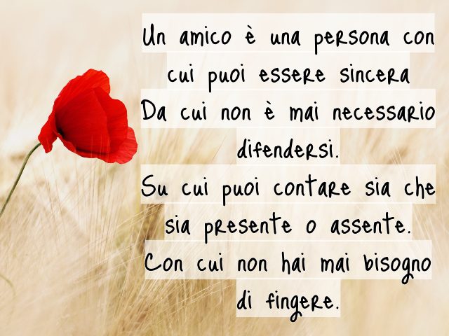 Un amico è una persona con cui puoi essere sincera. Da cui non è mai necessario difendersi. Su cui puoi contare sia che sia presente o assente. Con cui non hai mai bisogno di fingere.