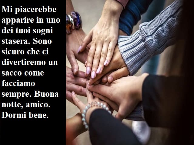 Mi piacerebbe apparire in uno dei tuoi sogni stasera. Sono sicuro che ci divertiremo un sacco come facciamo sempre. Buona notte, amico. Dormi bene.