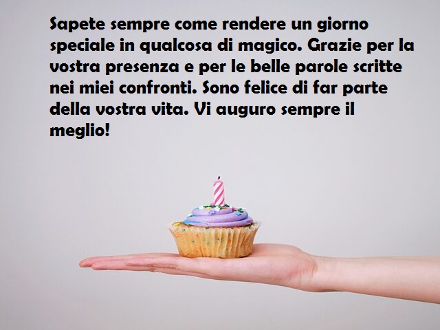 Sapete sempre come rendere un giorno speciale in qualcosa di magico. Grazie per la vostra presenza e per le belle parole scritte nei miei confronti. Sono felice di far parte della vostra vita. Vi auguro sempre il meglio!