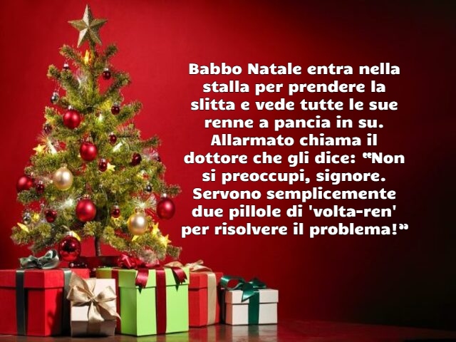 Babbo Natale entra nella stalla per prendere la slitta e vede tutte le sue renne a pancia in su. Allarmato chiama il dottore che gli dice: “Non si preoccupi, signore. Servono semplicemente due pillole di 'volta-ren' per risolvere il problema!”