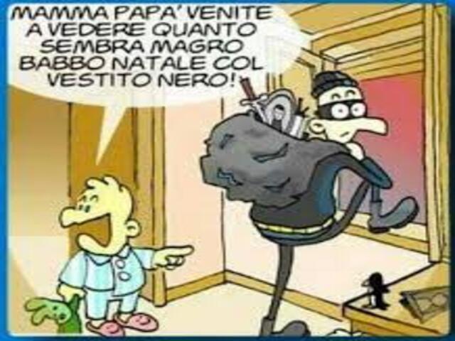 Mamma, papà, venite a vedere quanto sembra magro Babbo Natale col vestito nero.
