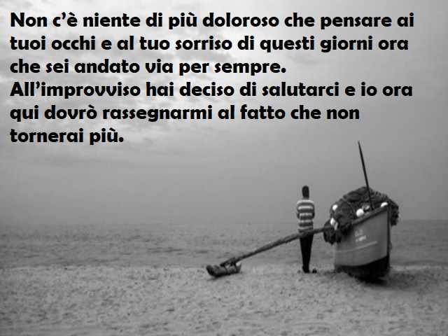 Non c’è niente di più doloroso che pensare ai tuoi occhi e al tuo sorriso di questi giorni ora che sei andato via per sempre. All’improvviso hai deciso di salutarci e io ora qui dovrò rassegnarmi al fatto che non tornerai più.