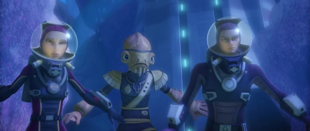 Padmé Amidala, il principe Lee-Char e Anakin Skywalker durante la battaglia di Mon Cala