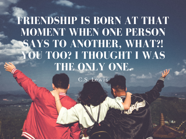 Friendship is born at that moment when one person says to another, What?! You too? I thought I was the only one. C.S. Lewis (L'amicizia nasce nel momento in cui una persona dice all'altra: "Cosa?! anche tu? Pensavo di essere l'unico"