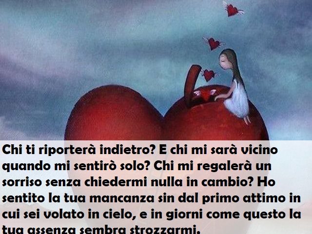 Chi ti riporterà indietro? E chi mi sarà vicino quando mi sentirò solo? Chi mi regalerà un sorriso senza chiedermi nulla in cambio? Ho sentito la tua mancanza sin dal primo attimo in cui sei volato in cielo, e in giorni come questo la tua assenza sembra s