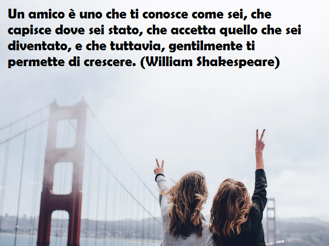Un amico è uno che ti conosce come sei, che capisce dove sei stato, che accetta quello che sei diventato, e che tuttavia, gentilmente ti permette di crescere. (William Shakespeare)