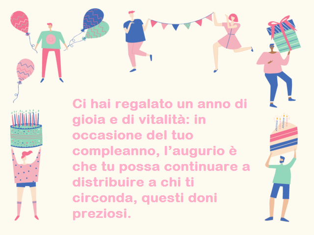 Ci hai regalato un anno di gioia e di vitalità: in occasione del tuo compleanno, l’augurio è che tu possa continuare a distribuire a chi ti circonda, questi doni preziosi.