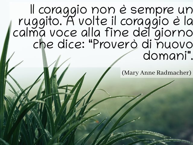 Il coraggio non è sempre un ruggito. A volte il coraggio è la calma voce alla fine del giorno che dice: “Proverò di nuovo domani". (Mary Anne Radmacher)