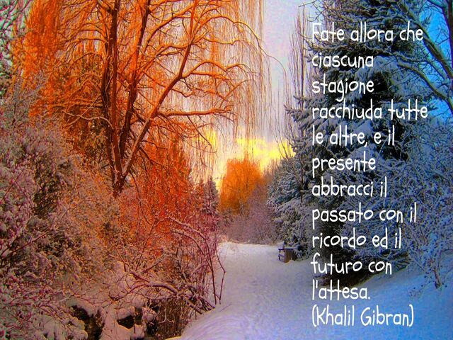 Fate allora che ciascuna stagione racchiuda tutte le altre, e il presente abbracci il passato con il ricordo ed il futuro con l'attesa.(Khalil Gibran)