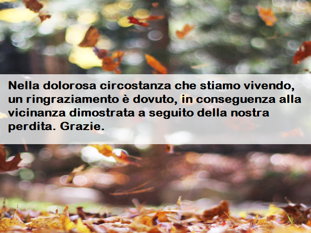 Nella dolorosa circostanza che stiamo vivendo, un ringraziamento è dovuto, in conseguenza alla vicinanza dimostrata a seguito della nostra perdita. Grazie.
