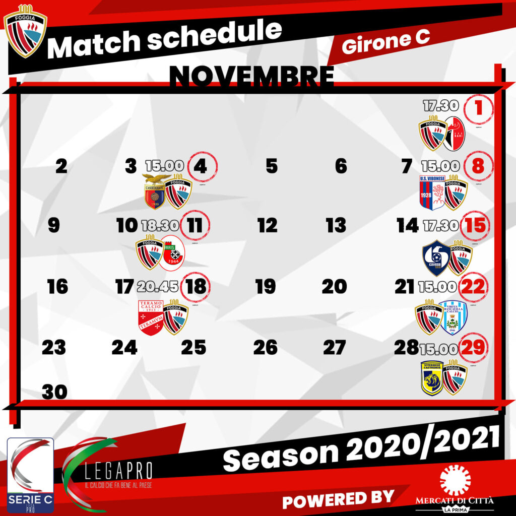 Il calendario delle sfide di novembre del Calcio Foggia - crediti foto: pagina ufficiale Facebook Calcio Foggia 1920