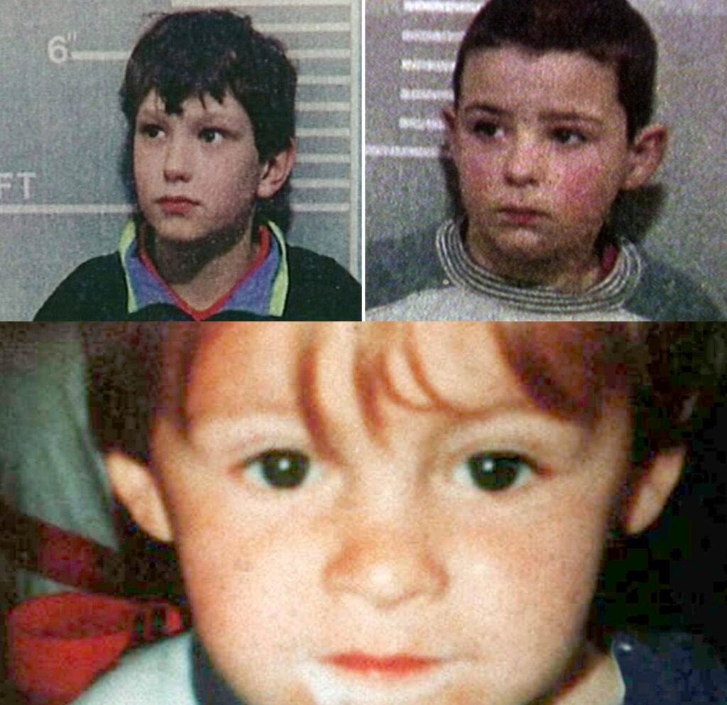 In alto i due baby killer, Jon Venables e Robert Thompson, in basso la vittima, James Bulger.Credits: metro/IlParanormale