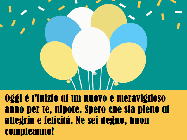Oggi è l'inizio di un nuovo e meraviglioso anno per te, nipote. Spero che sia pieno di allegria e felicità. Ne sei degno, buon compleanno!