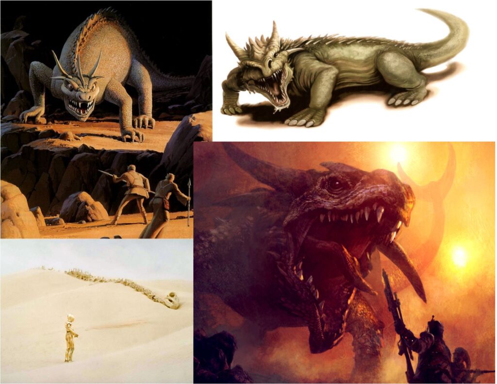 Varie rappresentazioni del drago Krayt: in alto a sx un concept di Ralph McQuarrie, in basso a sx il suo scheletro in Episodio IV.Da: Reddit