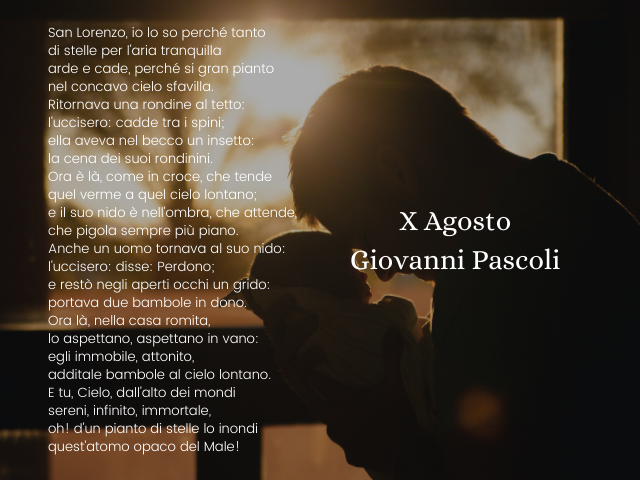 San Lorenzo, io lo so perché tanto di stelle per l'aria tranquilla arde e cade, perché si gran pianto nel concavo cielo sfavilla. Ritornava una rondine al tetto: l'uccisero: cadde tra i spini; ella aveva nel becco un insetto: la cena dei suoi rondinini. O