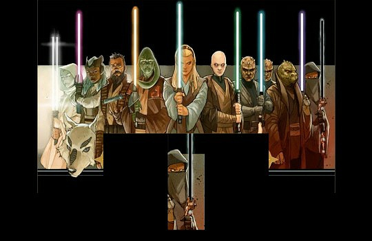 Immagine promozionale di The High Republic, sotto in evidenza la Jedi con la spada nera