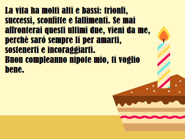La vita ha molti alti e bassi: trionfi, successi, sconfitte e fallimenti. Se mai affronterai questi ultimi due, vieni da me, perché sarò sempre lì per amarti, sostenerti e incoraggiarti.Buon compleanno nipote mio, ti voglio bene.