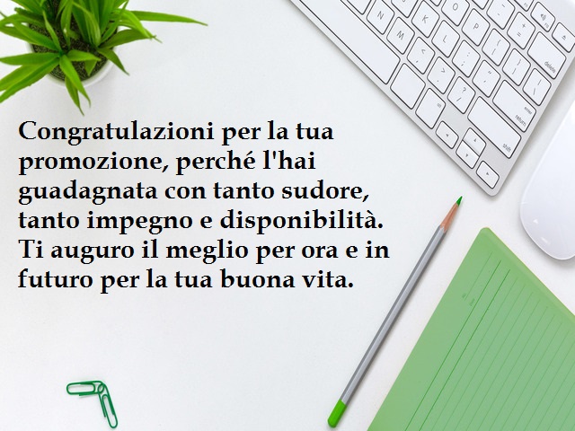 Congratulazioni per la tua promozione, perché l'hai guadagnata con tanto sudore, tanto impegno e disponibilità. Ti auguro il meglio per ora e in futuro per la tua buona vita.