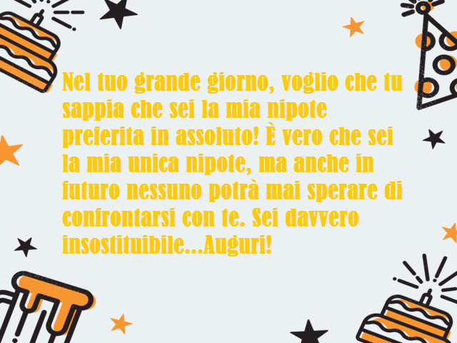 Nel tuo grande giorno, voglio che tu sappia che sei la mia nipote preferita in assoluto! È vero che sei la mia unica nipote, ma anche in futuro nessuno potrà mai sperare di confrontarsi con te. Sei davvero insostituibile...Auguri!