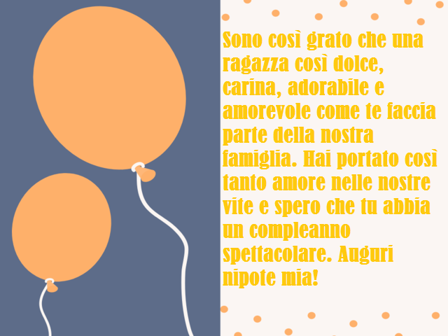 Sono così grato che una ragazza così dolce, carina, adorabile e amorevole come te faccia parte della nostra famiglia. Hai portato così tanto amore nelle nostre vite e spero che tu abbia un compleanno spettacolare. Auguri nipote mia!