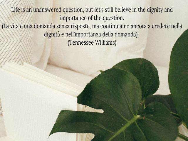 Life is an unanswered question, but let’s still believe in the dignity and importance of the question.(La vita è una domanda senza risposte, ma continuiamo ancora a credere nella dignità e nell’importanza della domanda).(Tennessee Williams)