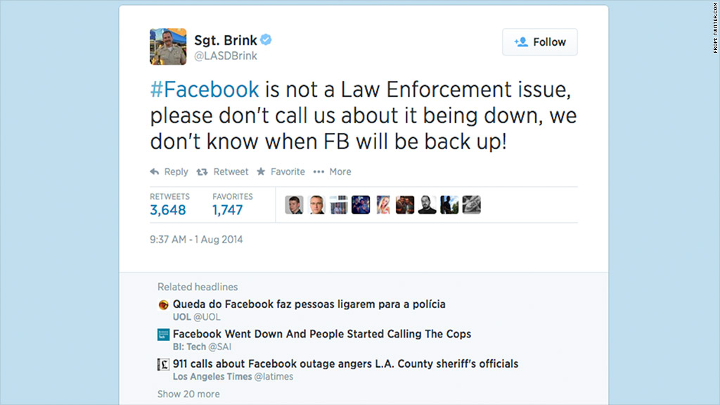 "Facebook non è un problema delle forza dell'ordine. Per favore, non chiamateci se non funziona, non sappiamo quando FB tornerà a funzionare!"                                             Credits: CNN