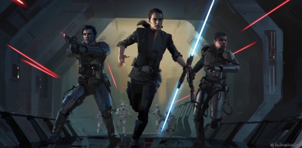 Concept Art che ritrae Rey, Finn e Poe a inizio film in Duel of the Fates.
